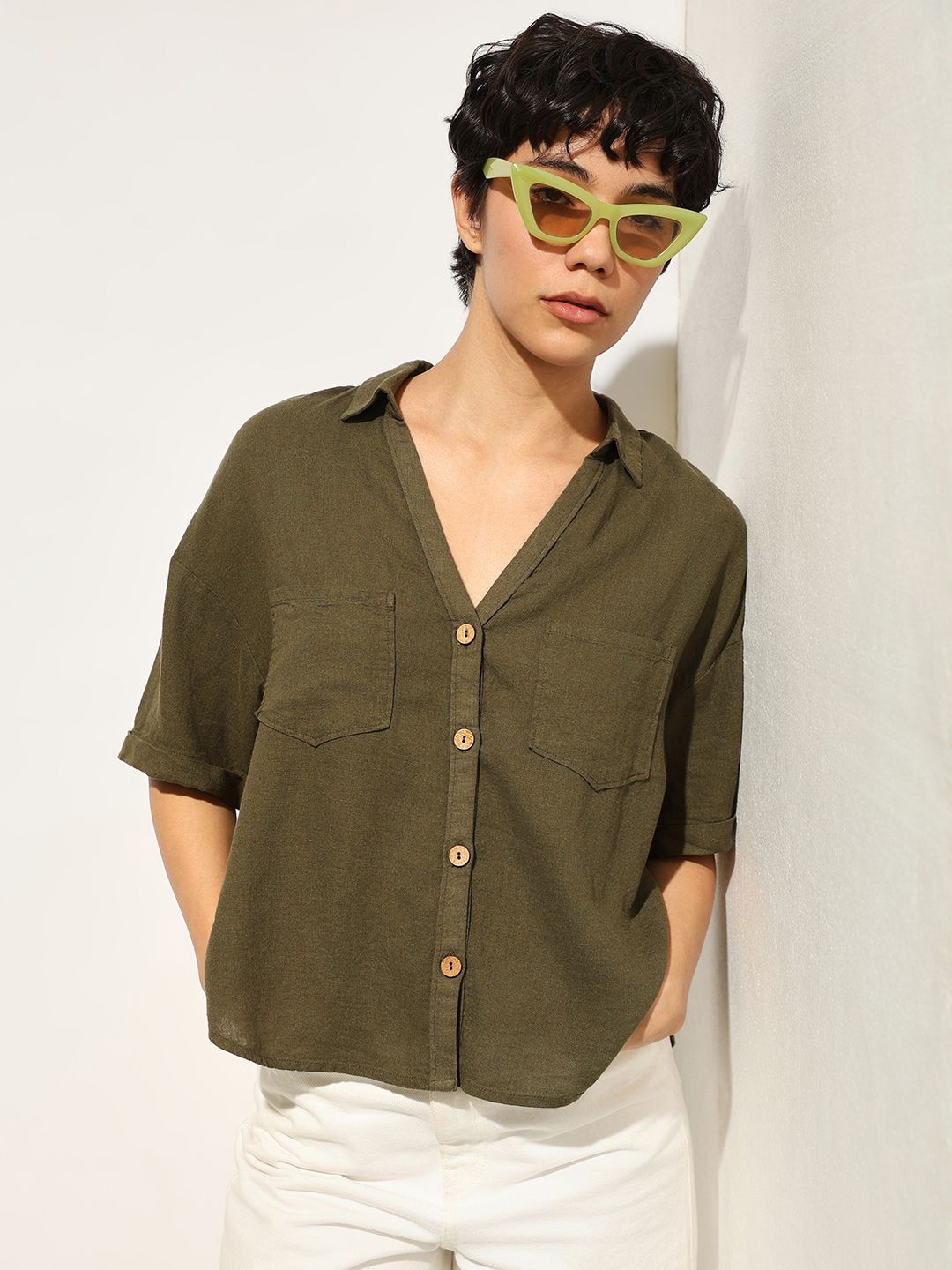 

ONLY Women Boxy Fit Spread Collar Solid Linen Casual Shirt, Olive