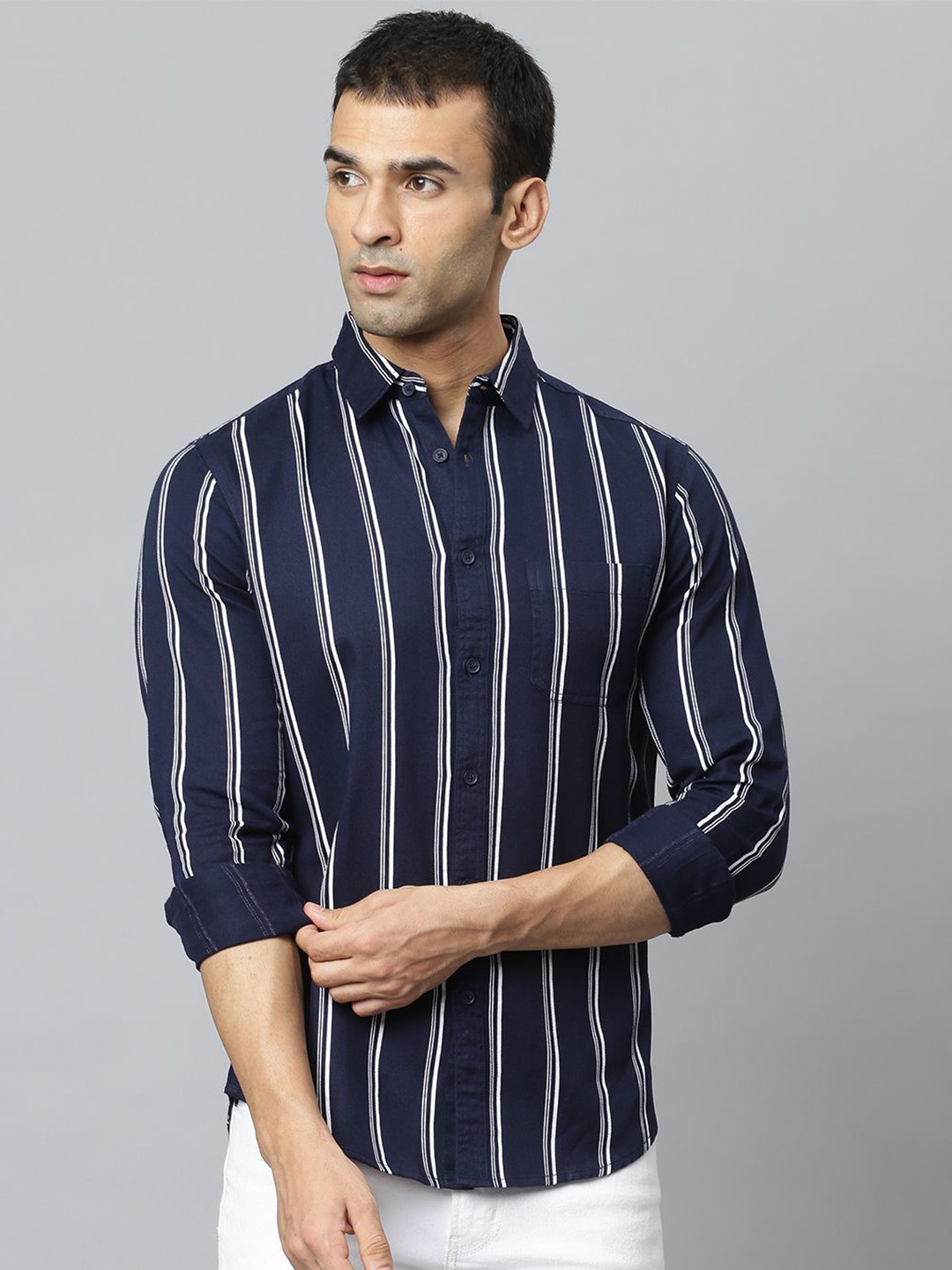 

Dennis Lingo Striped Modern Regular Fit Cotton Casual Shirt, Navy blue