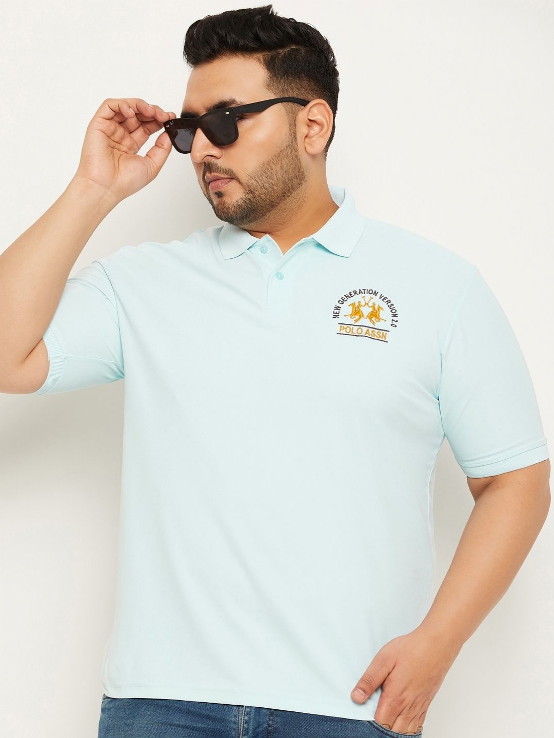 

RENUOVO Men Polo Collar Applique T-shirt, Turquoise blue