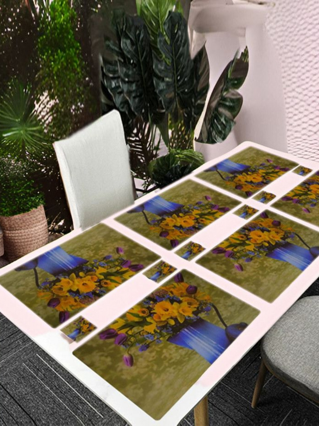 

REVEXO Green & Blue 12 Pcs Floral Printed Rectangular Shaped Coasters & Table Placemats