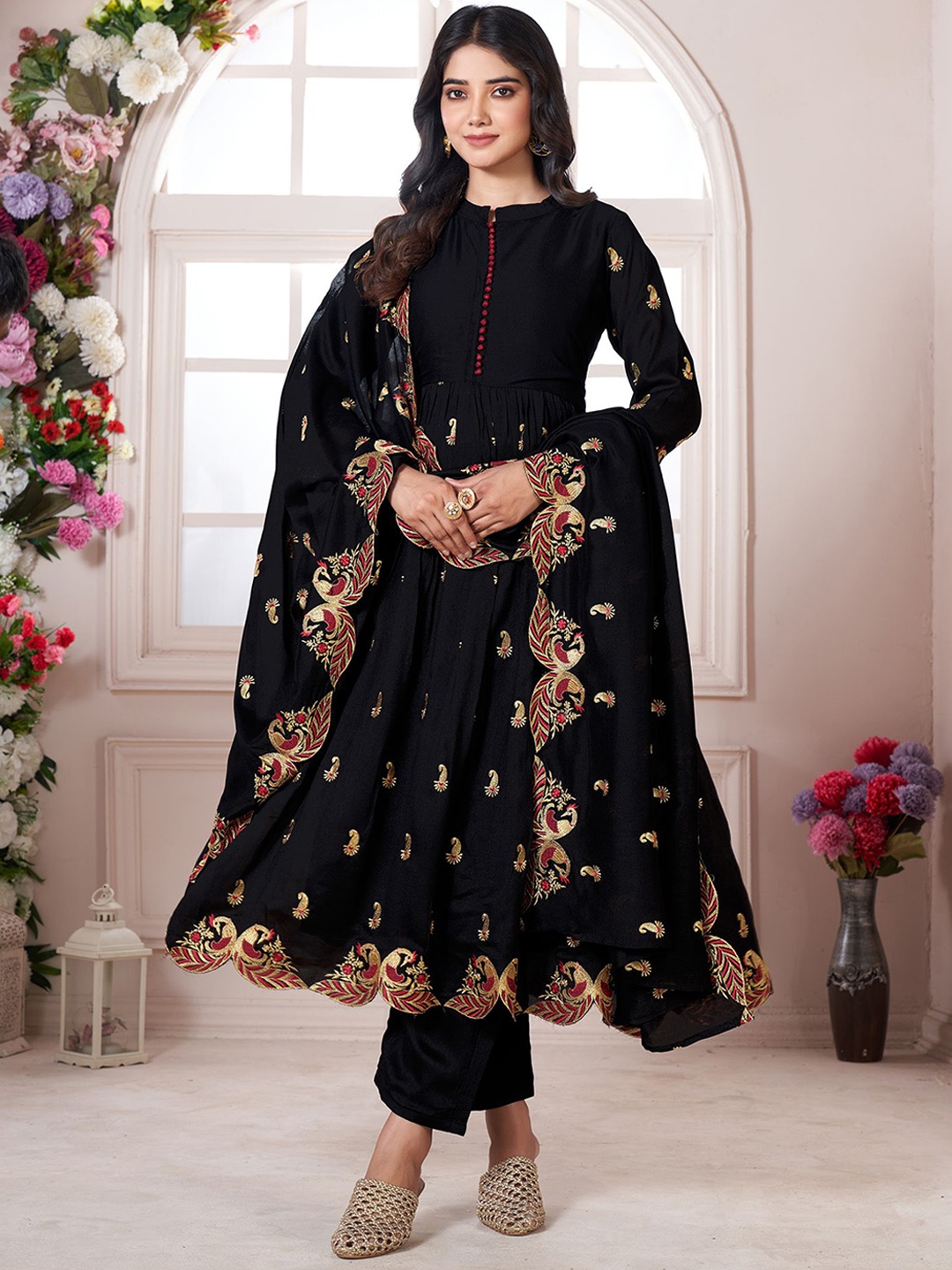 

KALINI Ethnic Motifs Embroidered Mandarin Collar Anarkali Kurta With Trousers & Dupatta, Black