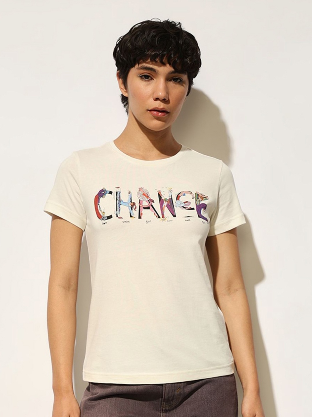 

ONLY Women Typography Printed Round Neck Cotton T-shirt, White