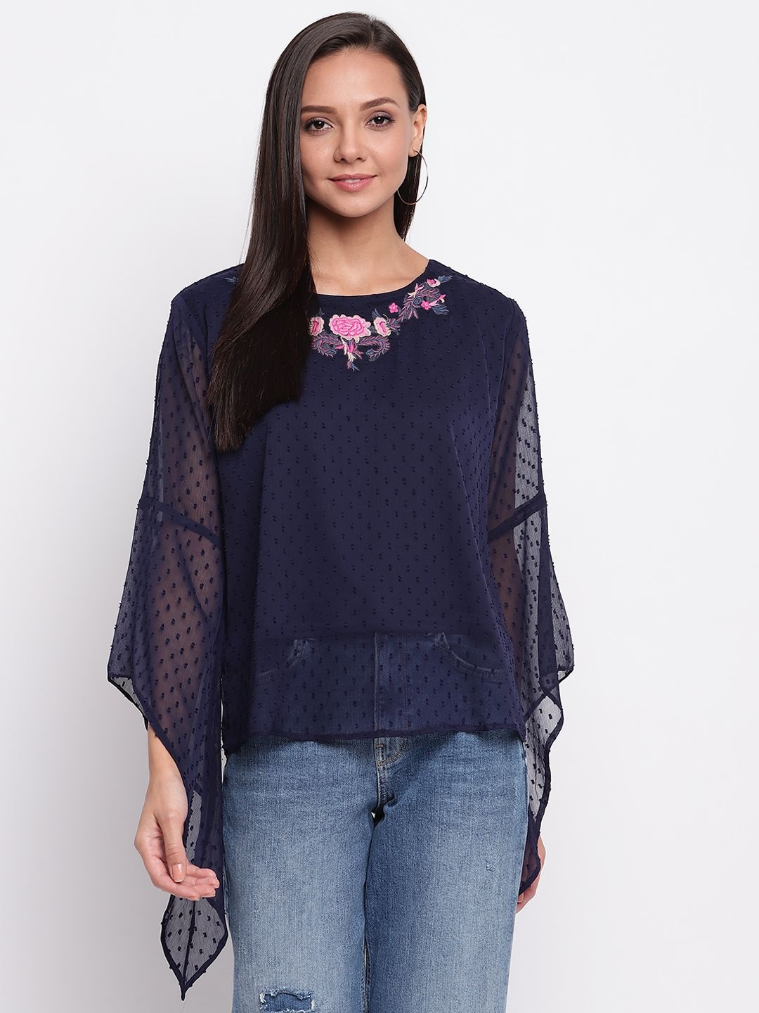 

DressBerry Women Floral Printed Round Neck Top, Navy blue