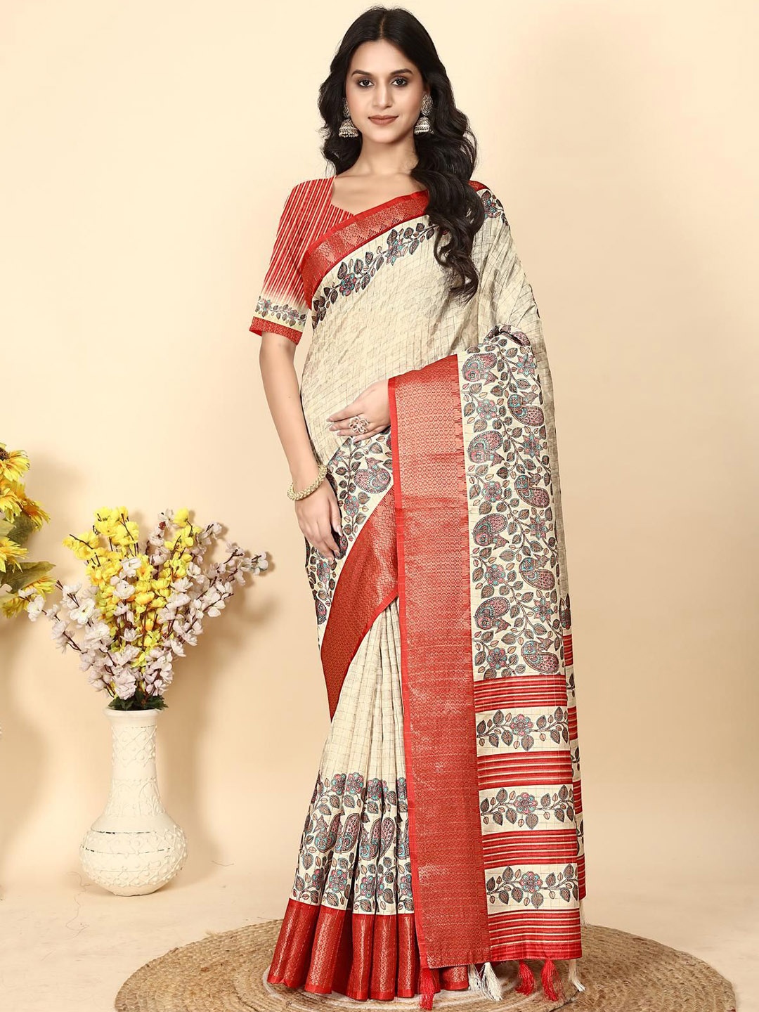 

J 6 DESIGNER Ethnic Motifs Art Silk Designer Block Print Saree, White
