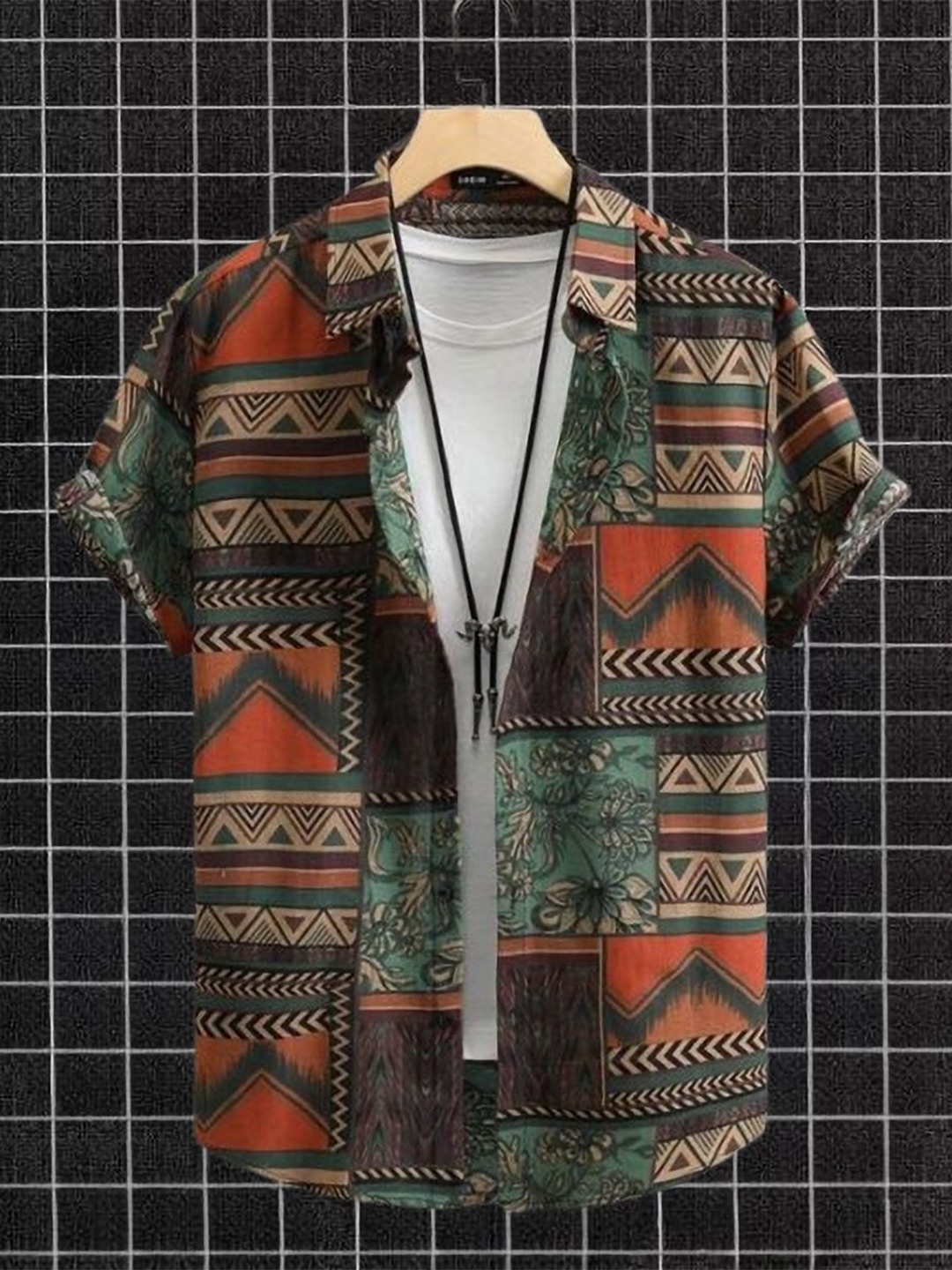 

iCome Men Spread Collar Ethnic Motifs Printed Cotton Linen Casual Shirt, Orange