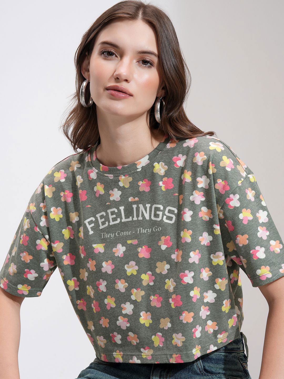

Tokyo Talkies Women Floral Round Neck Crop Top, Green