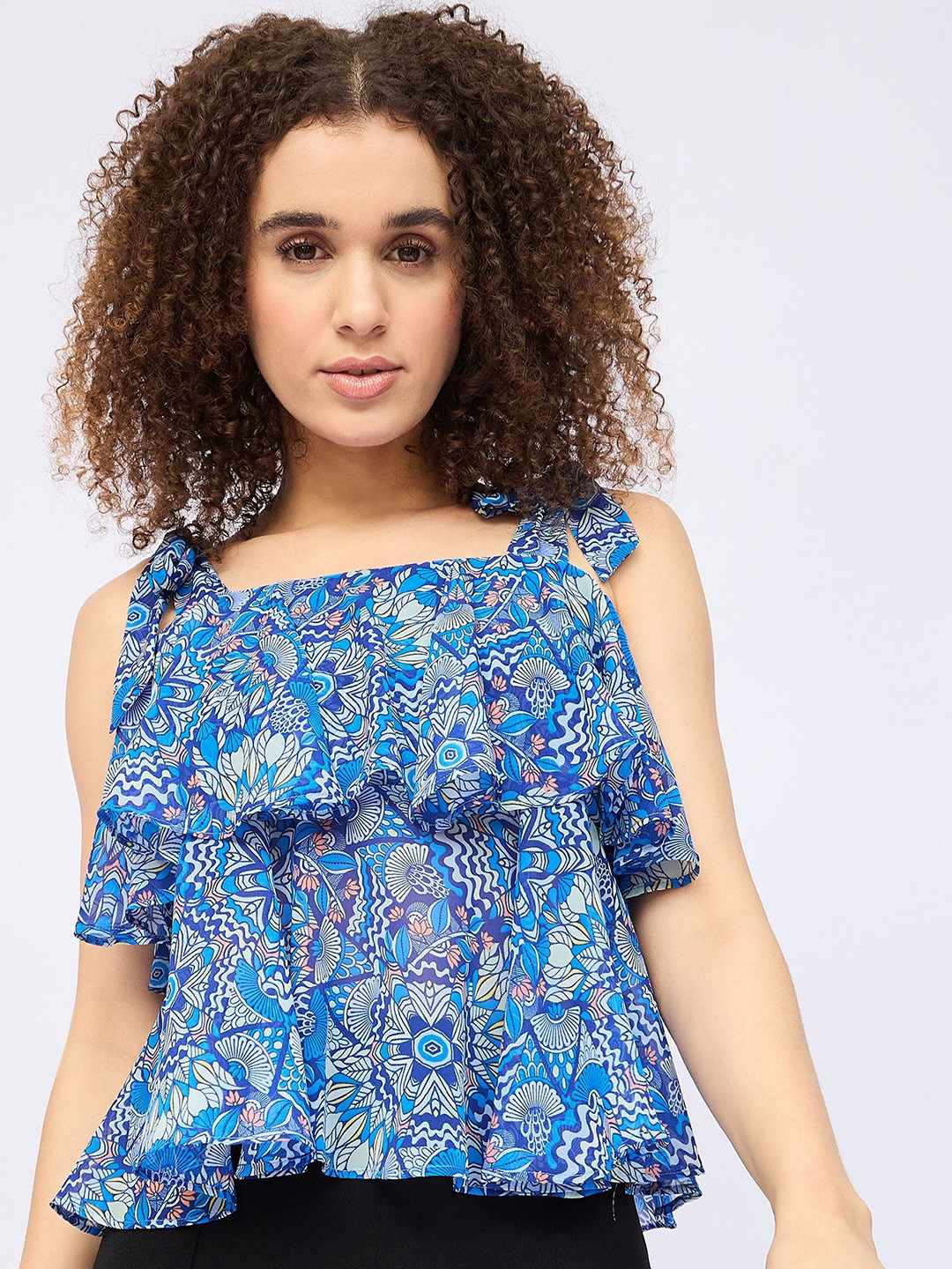 

DressBerry Women Printed Square Neck Shoulder Straps Tiered Crop Top, Blue