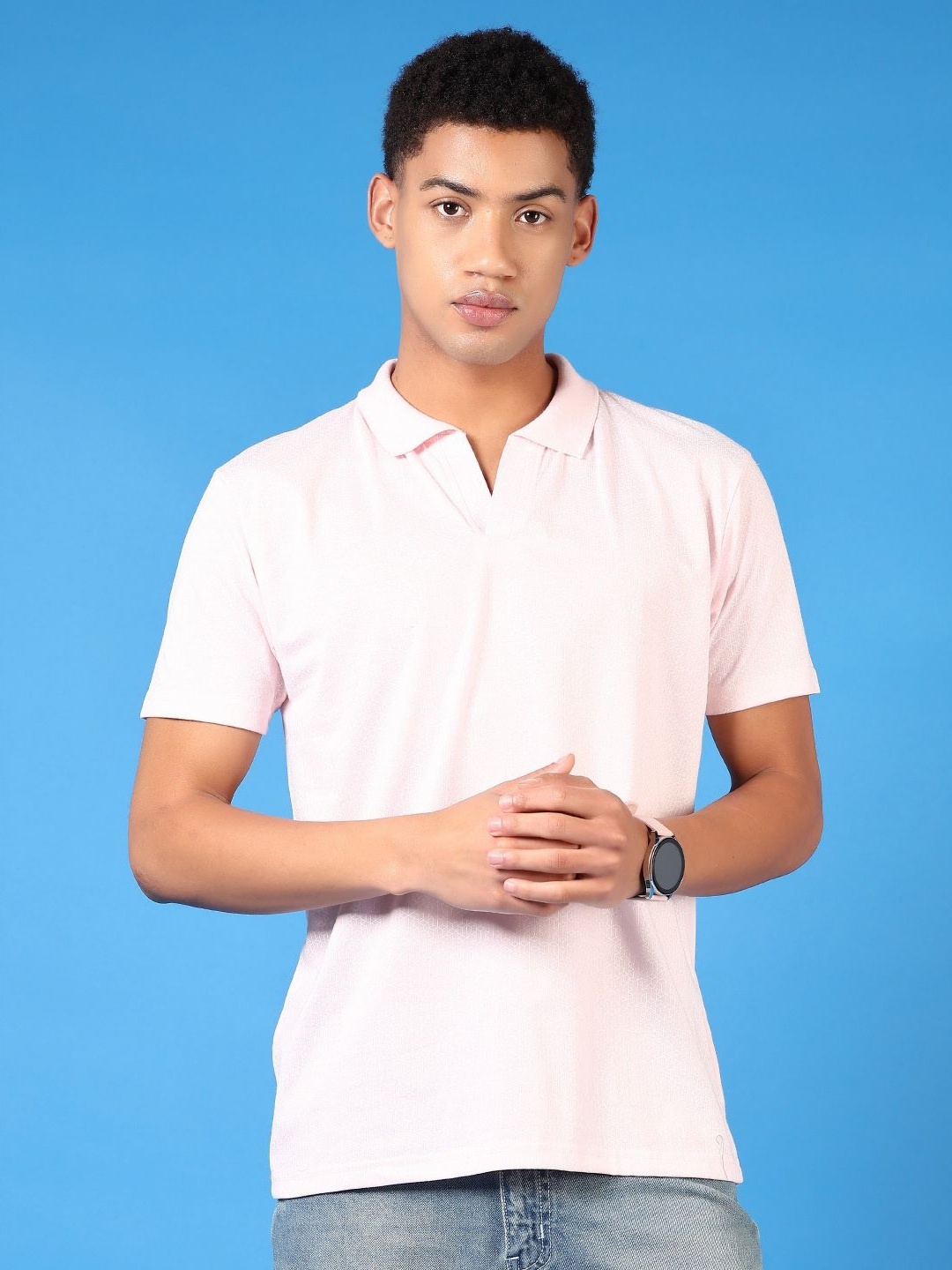 

V-Mart Men Geometric Printed Polo Collar Cotton T-shirt, Pink