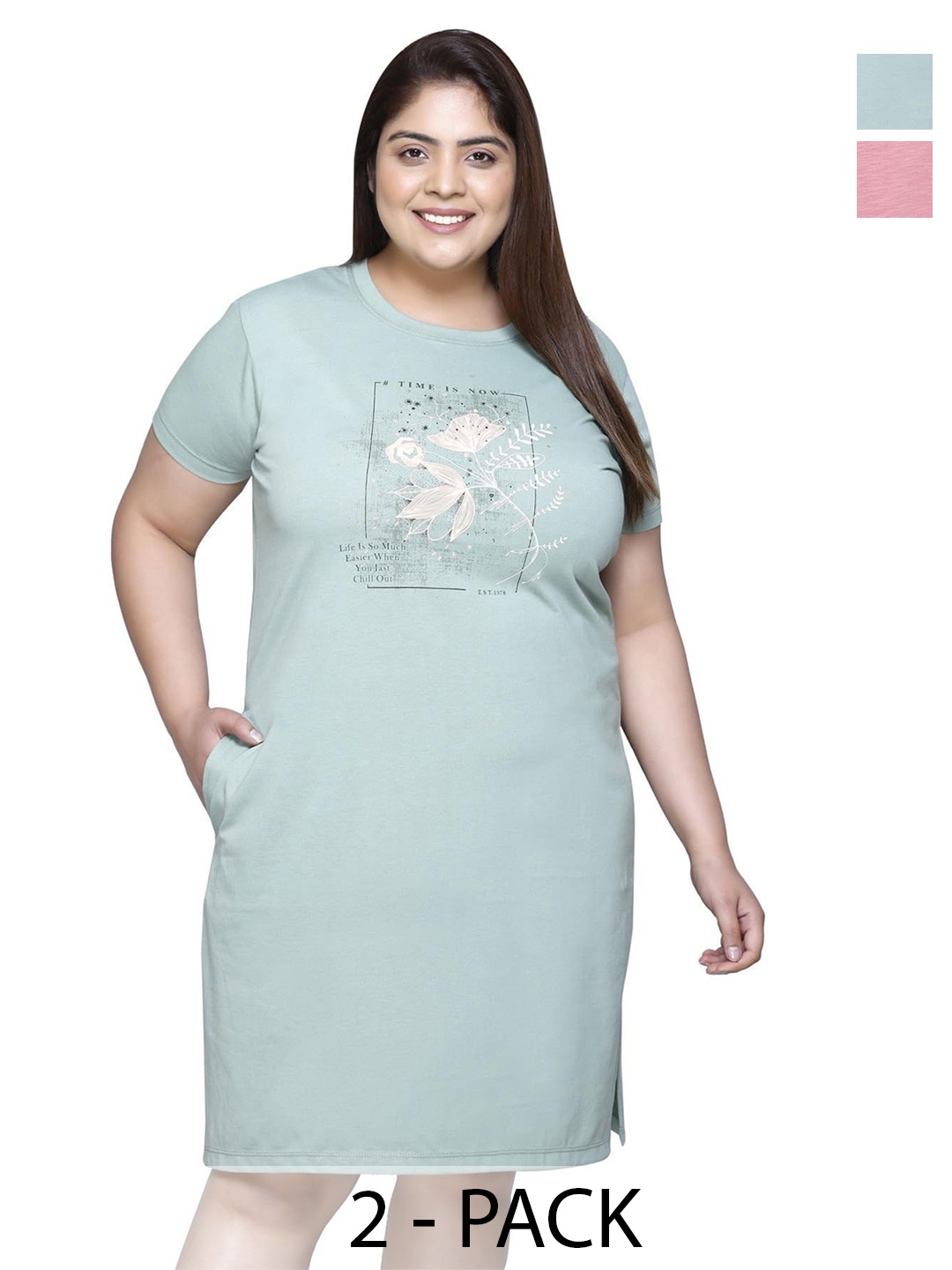 

IN Love Pack of 2 Women Plus Size Front Printed Cotton Nighty Chemise, Green