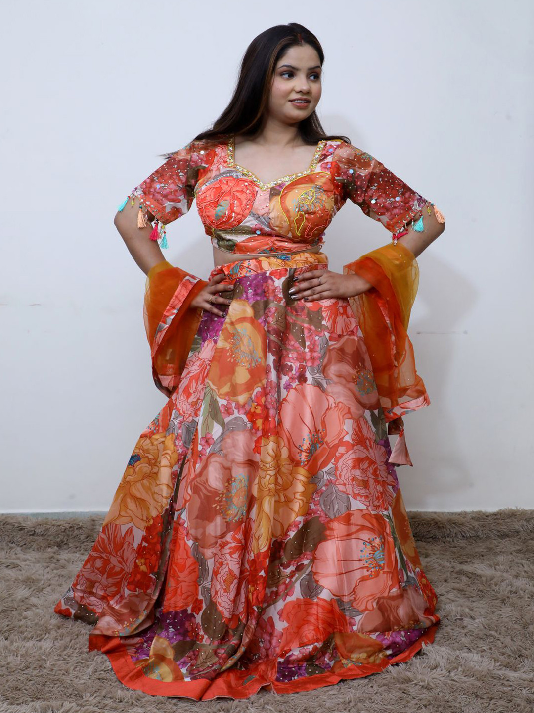 

Wavy Collection Floral Printed Beads & Stones Ready to Wear Lehenga & Blouse With Dupatta, Orange