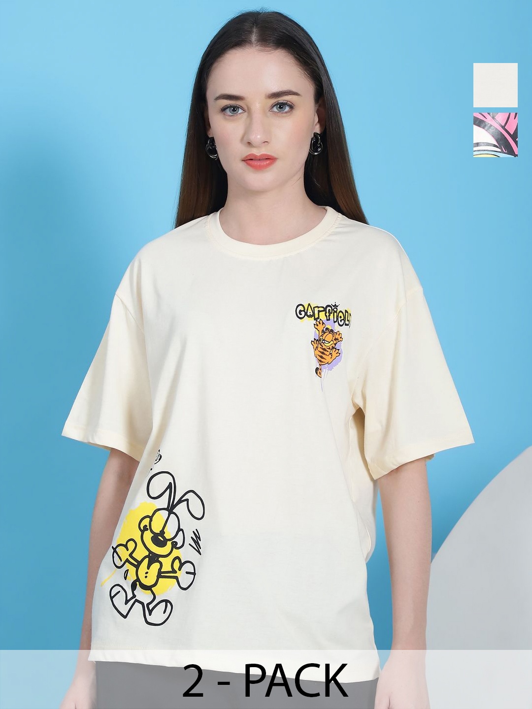

Dreambe Women Pack of 2 Graphic Printed Round Neck Cotton Relaxed Fit T-shirts, White