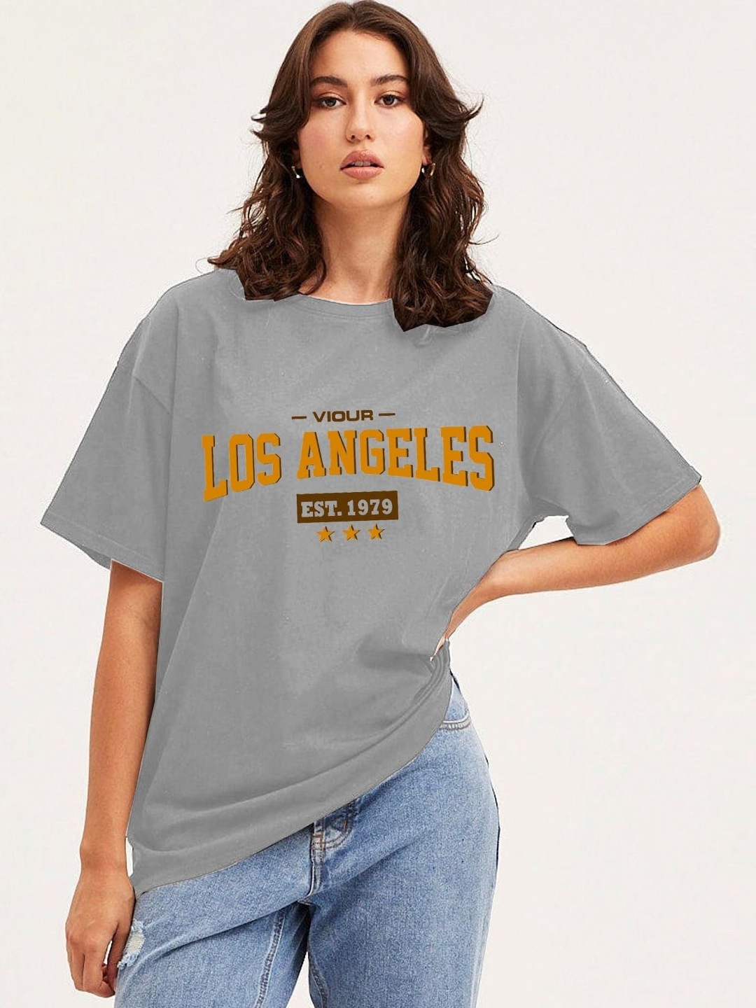 

Moda Rapido Women Typography Printed Round Neck Cotton Oversized T-shirt, Grey
