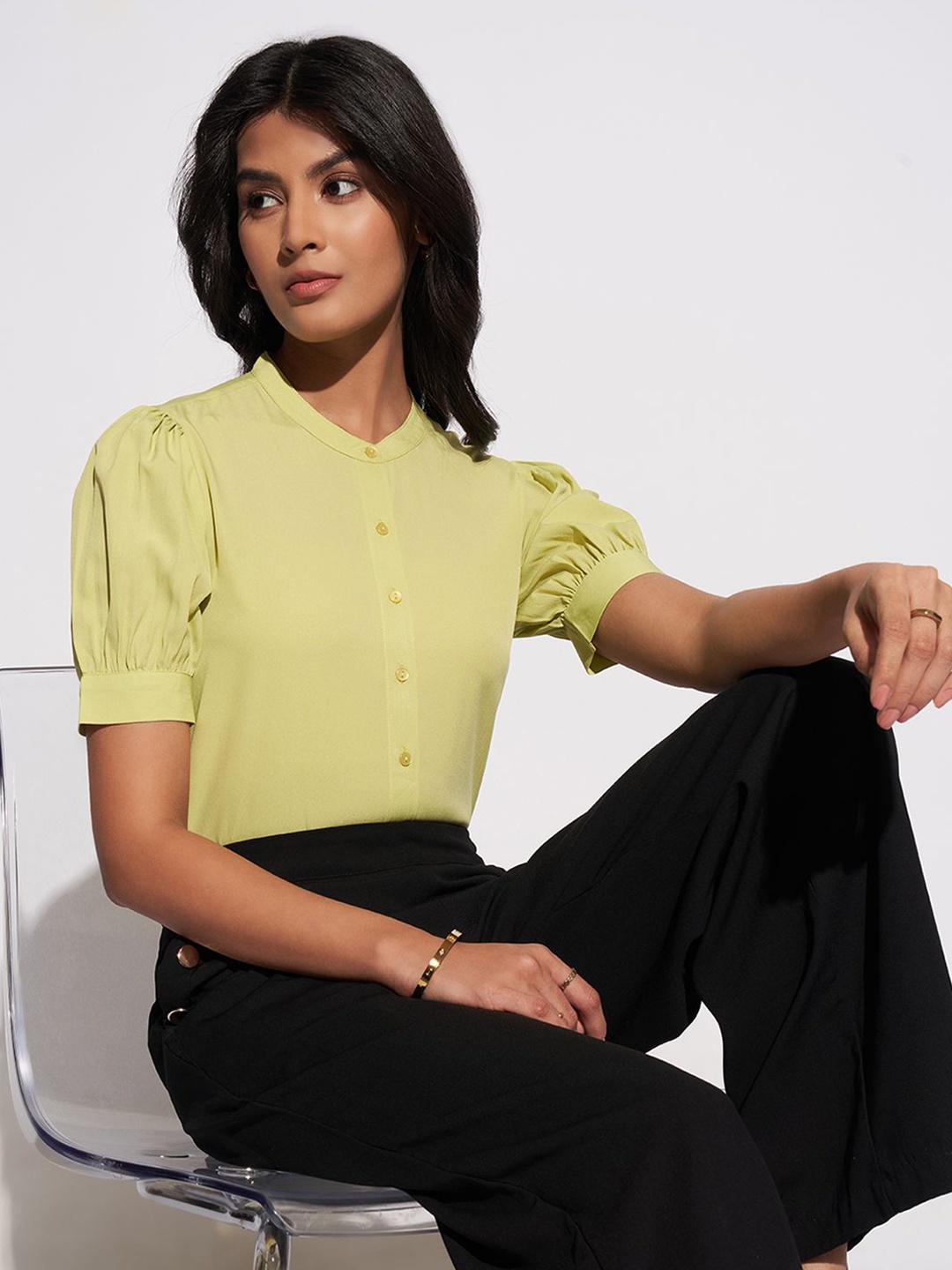 

Annabelle by Pantaloons Women Solid Mandarin Collar Top, Lime green