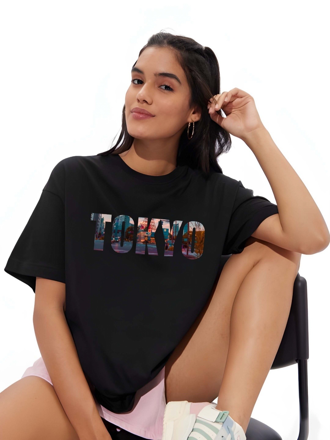 

SZN Women Graphic Printed Round Neck Cotton Oversized T-shirt, Black