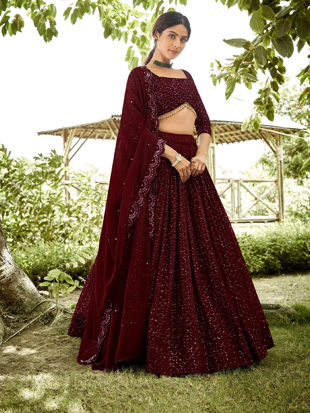 

Warthy Ent Sequinned Embroidered Semi-Stitched Lehenga With Unstitched Blouse & Dupatta, Maroon