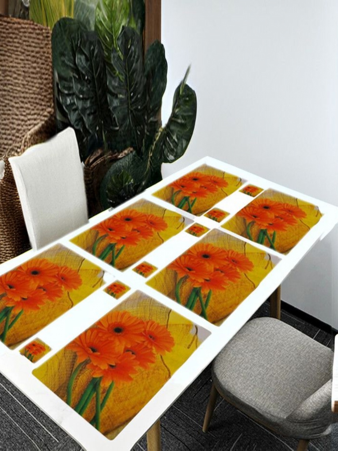 

REVEXO Orange 12 Pcs Floral Printed Rectangular Shaped Coasters & Table Placemats