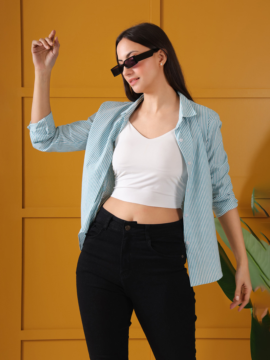 

Swaggish Women New Fit Spread Collar Vertical Striped Cotton Casual Shirt, Sea green