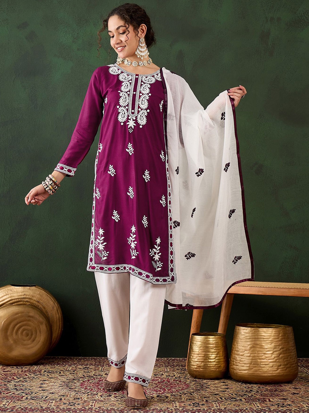 

HERE&NOW Floral Embroidered Straight Thread Work Kurta With Salwar And Dupatta, Purple