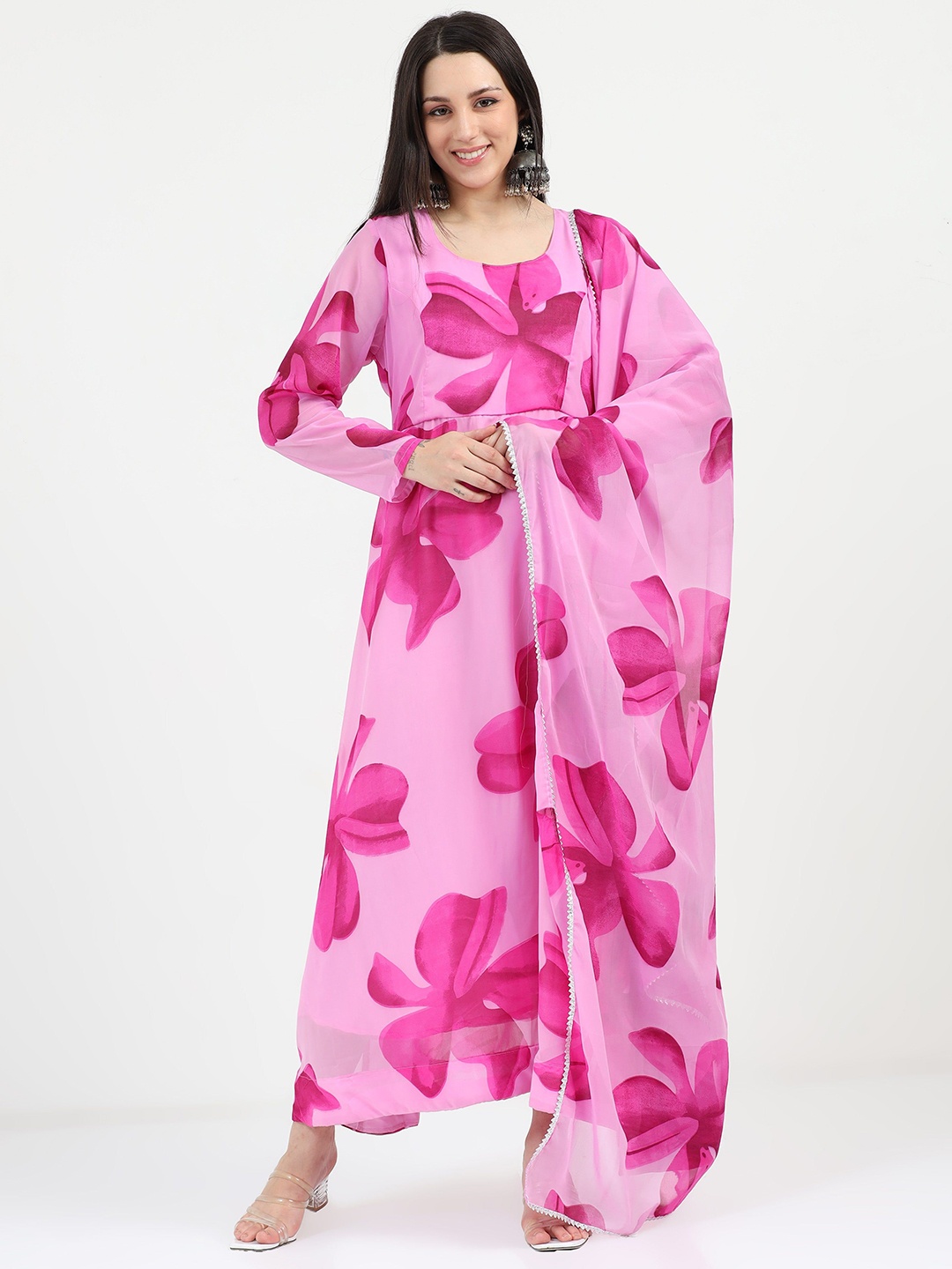 

Jash Creation Floral Print Crepe Fit & Flare Maxi Dress, Pink