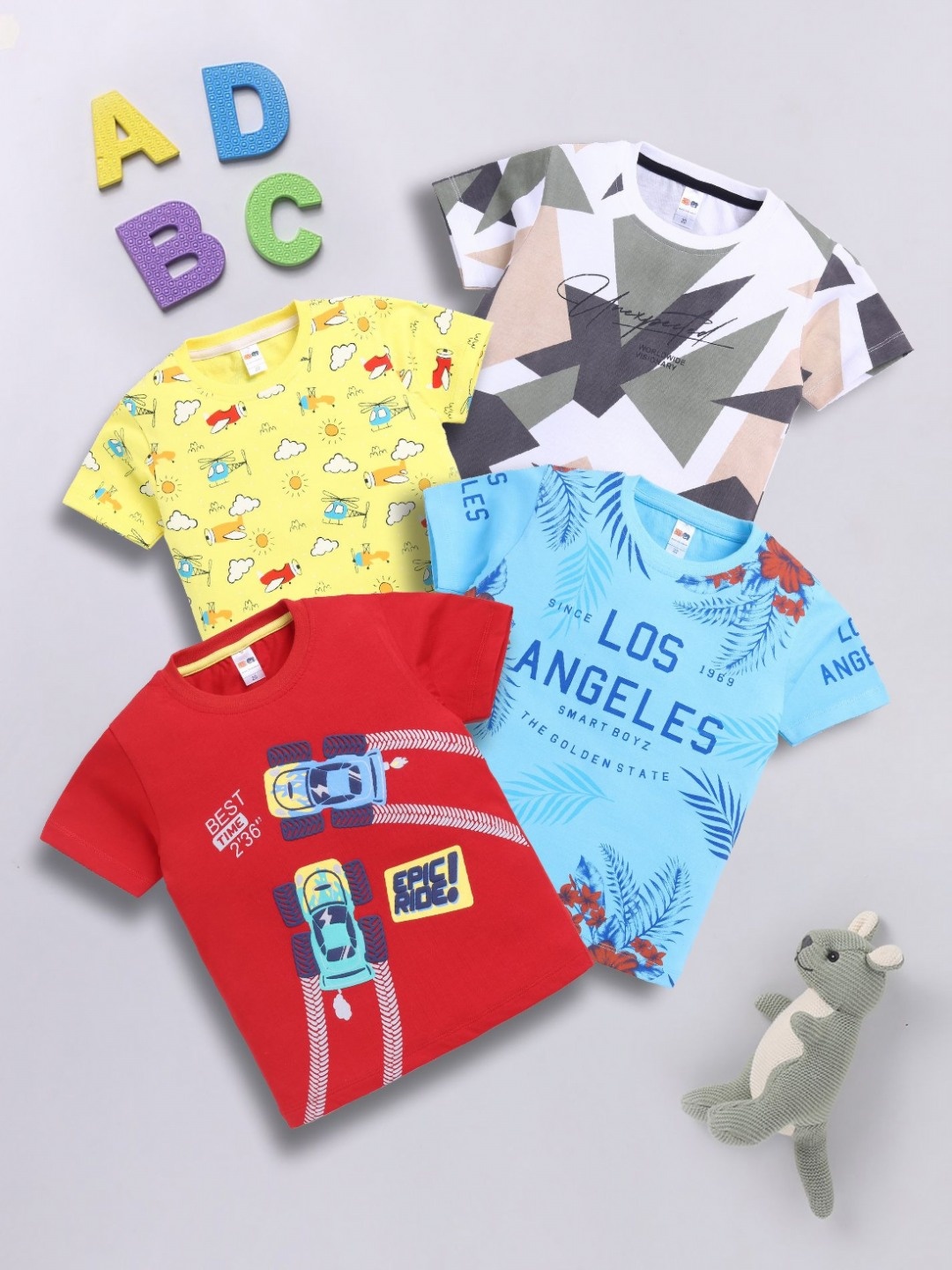 

LITTLE NINJA Boys Pack Of 4 Graphic Printed Round Neck Cotton T-shirts, Red