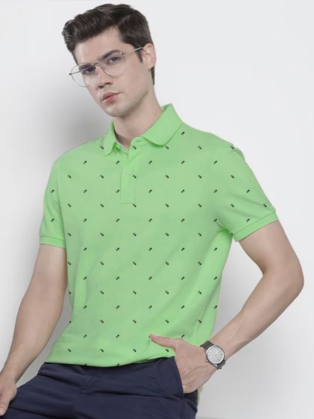 

MERRIMENT Men Geometric Printed Polo Collar Cotton T-shirt, Sea green