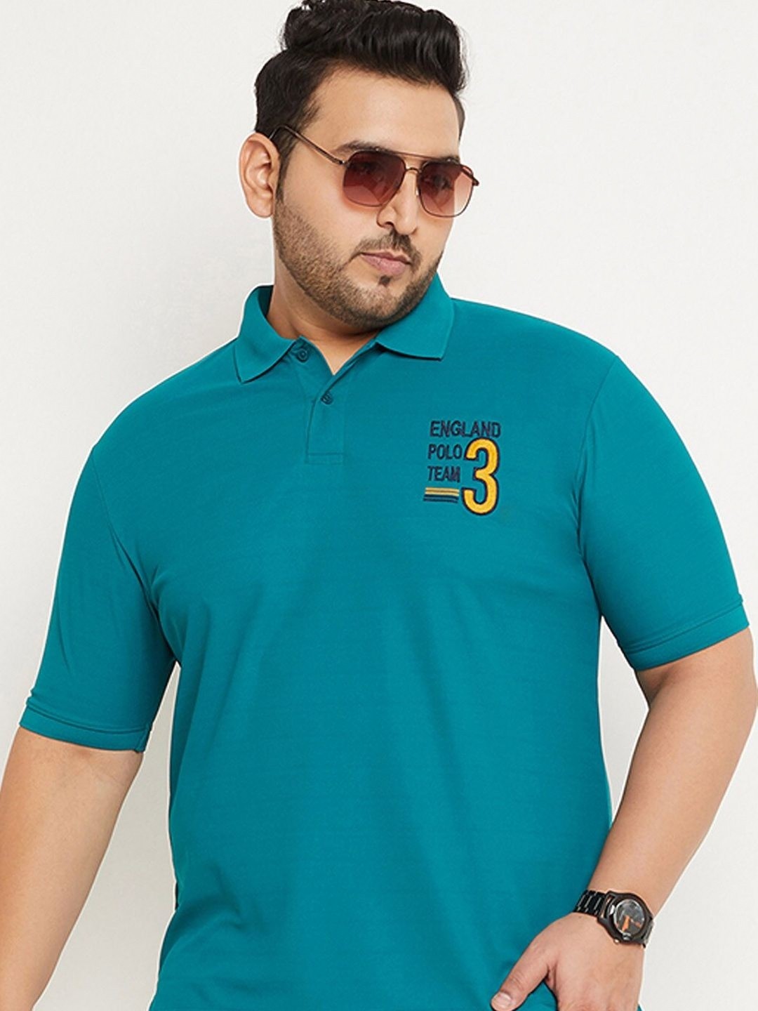 

RENUOVO Men Plus Size Typography Printed Polo Collar Cotton T-shirt, Teal