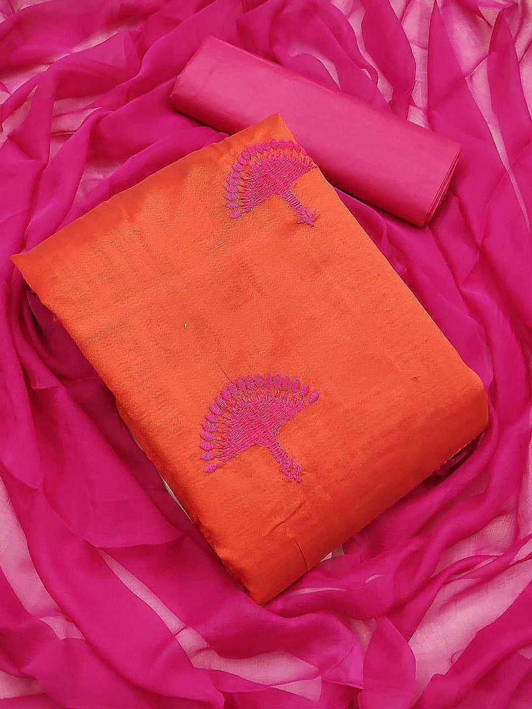 

KALINI Floral Embroidered Chanderi Unstitched Dress Material, Orange