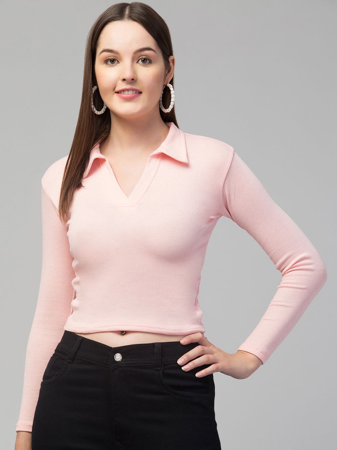 

Swaggish Women Solid Shirt Collar Fitted Crop Top, Peach