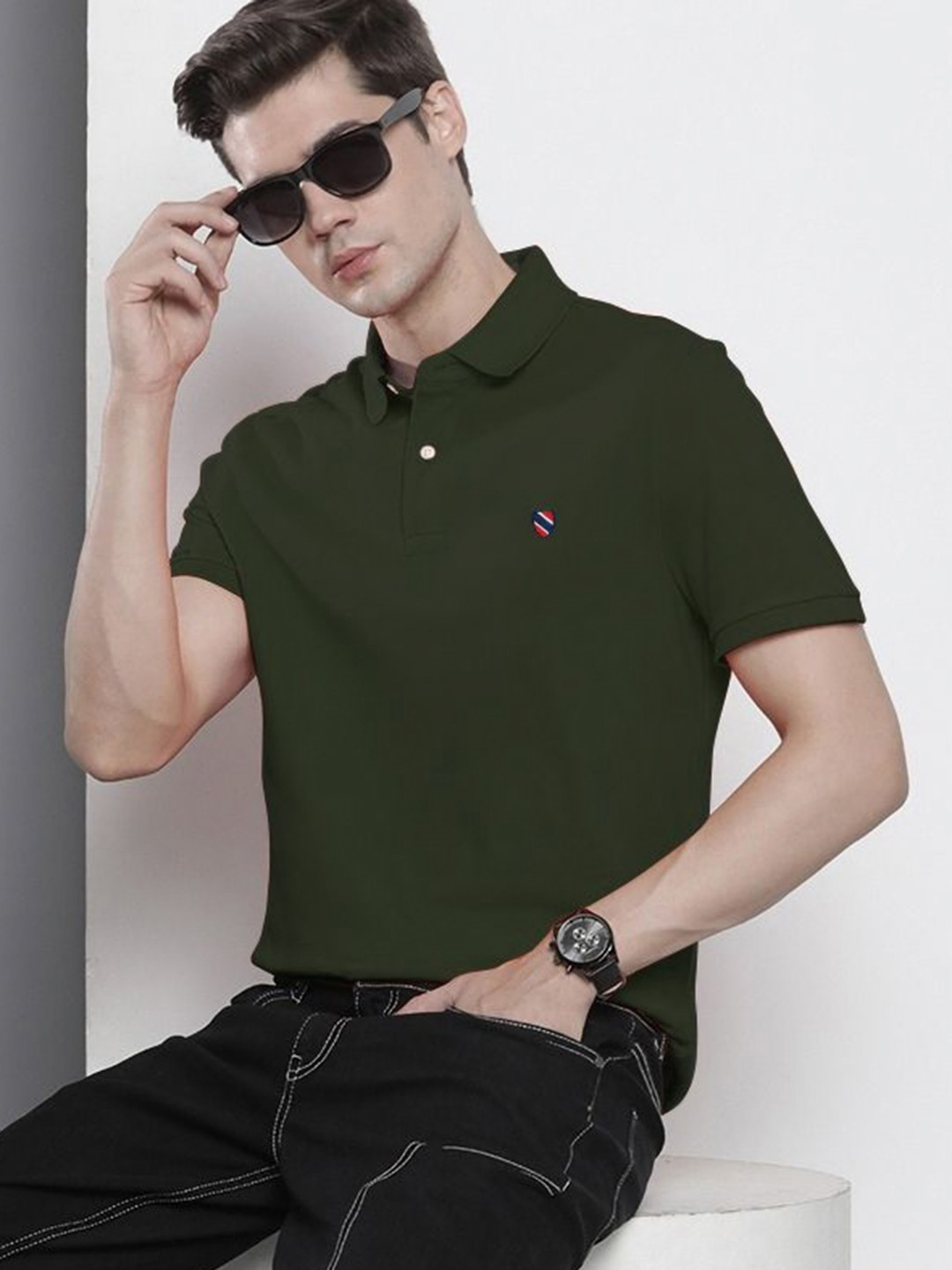 

MERRIMENT Men Solid Polo Collar Cotton T-shirt, Olive