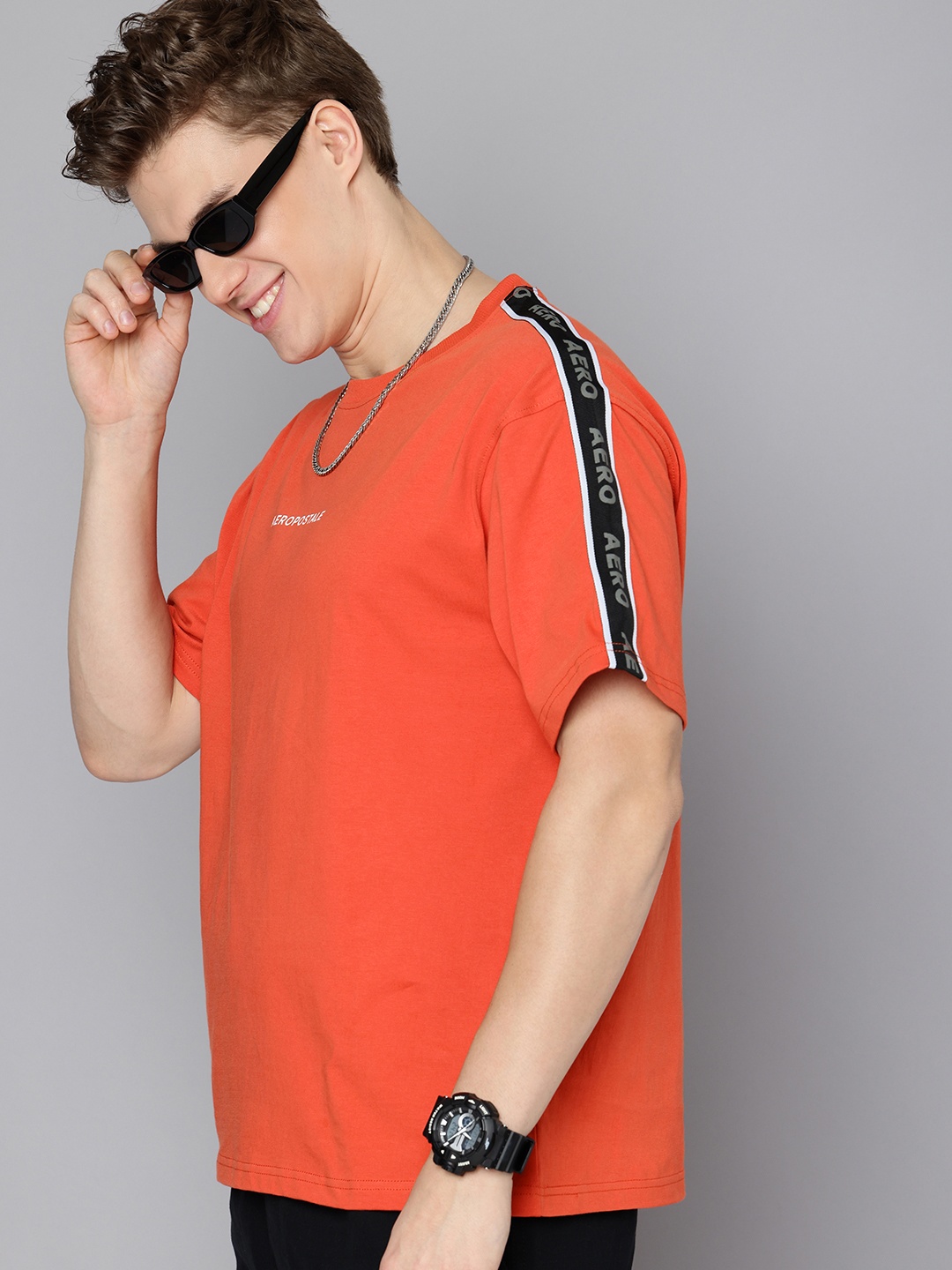 

Aeropostale Drop-Shoulder Sleeves Pure Cotton Relaxed Fit T-shirt, Rust