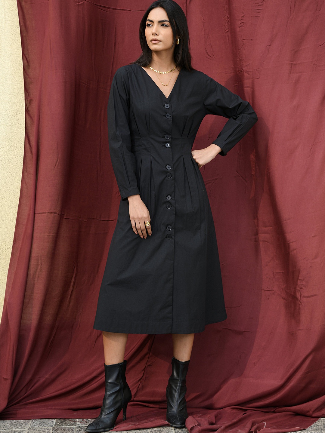 

PINK CACTII Pleated Shirt Midi Dress, Black