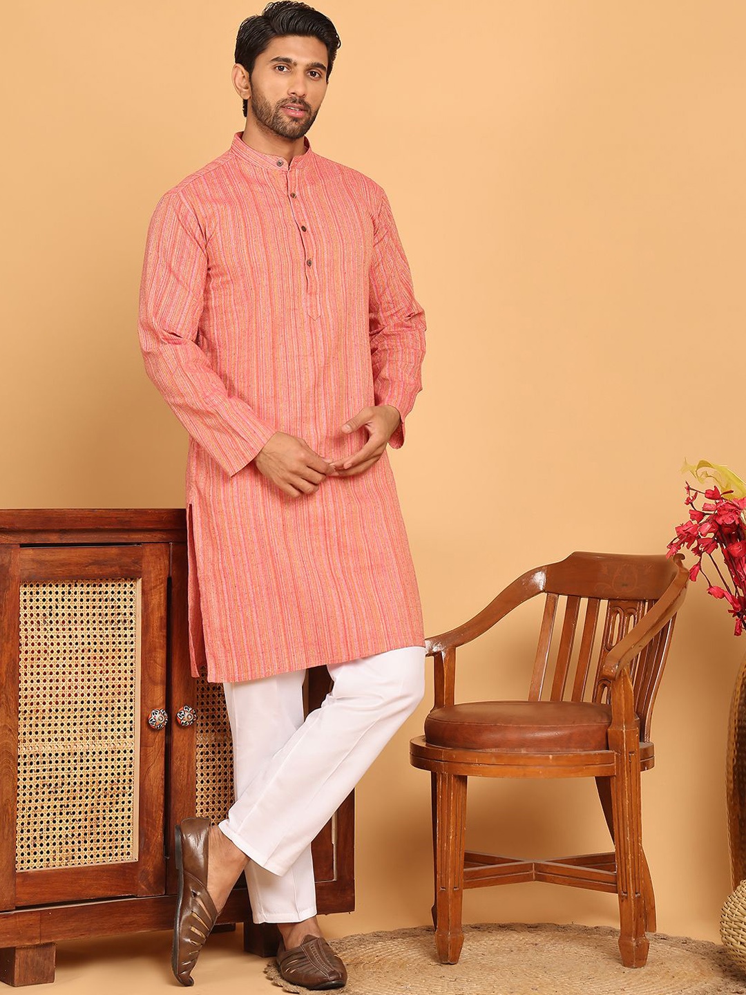 

Anouk Peach Geometric Woven Design Mandarina Collar Kurta With Trouser