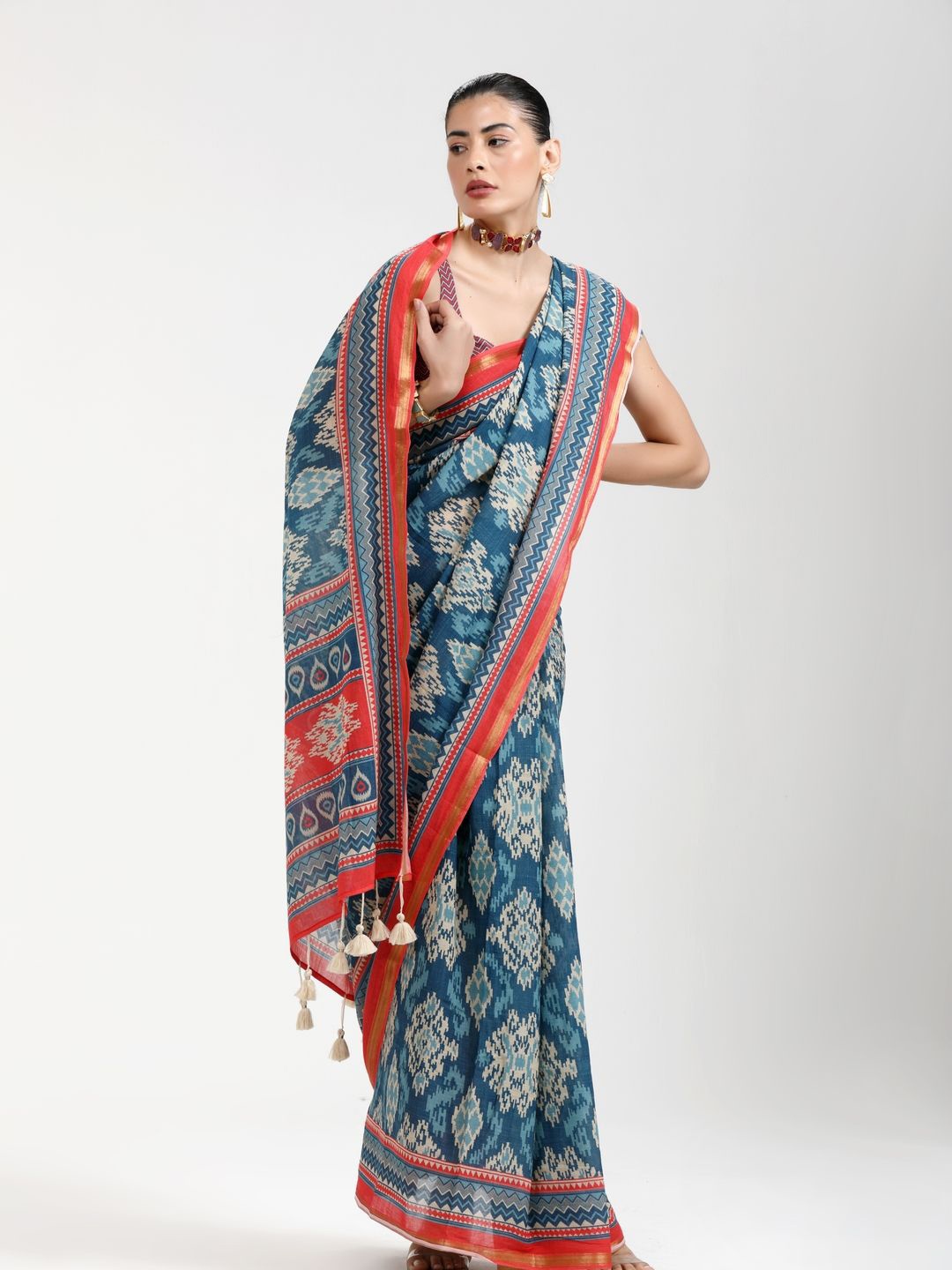 

Suha Printed Zari Pure Cotton Saree, Blue