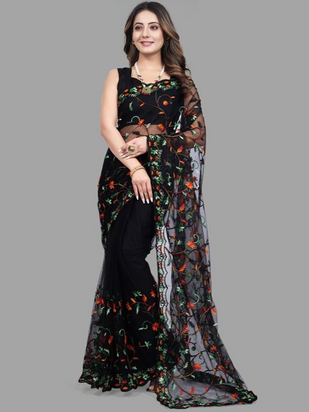 

Aika Embellished Embroidered Net Saree, Black