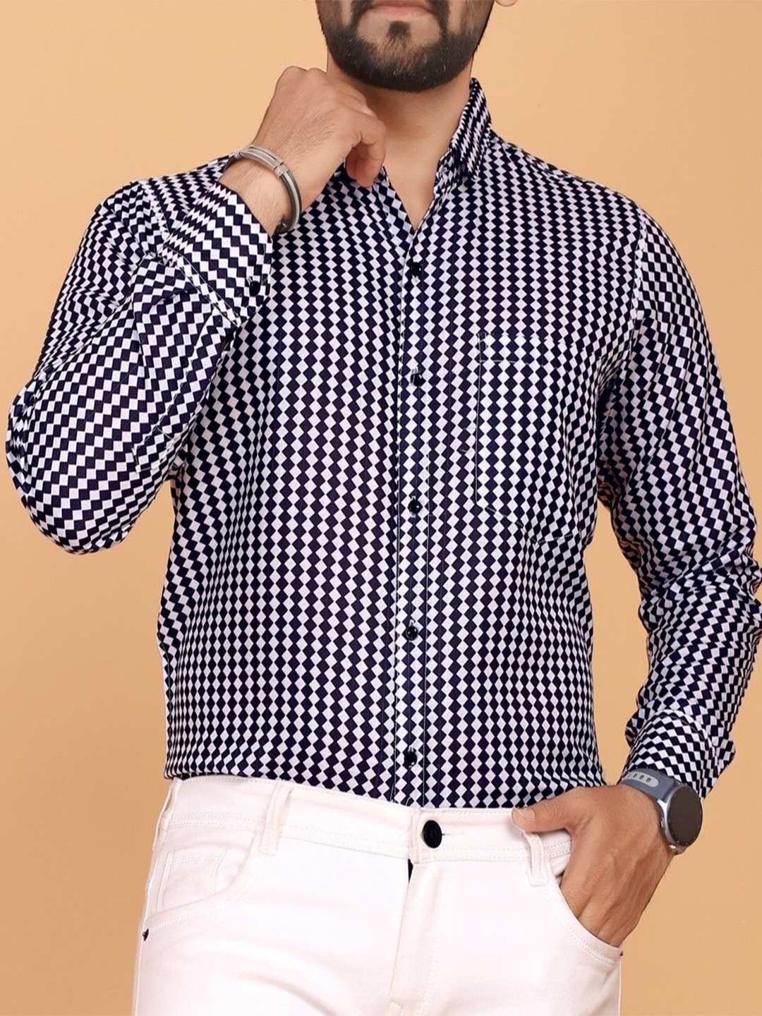 

FABRIPPLE Men Classic Fit Spread Collar Geometric Printed Casual Shirt, Black