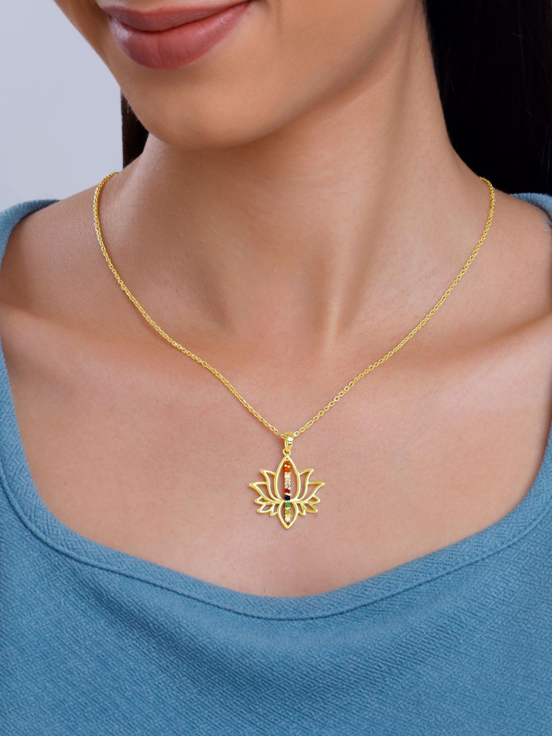 

GIVA 925 Silver Gold-Plated Contemporary Stone Studded Navratna Kamal Pendant with Chain