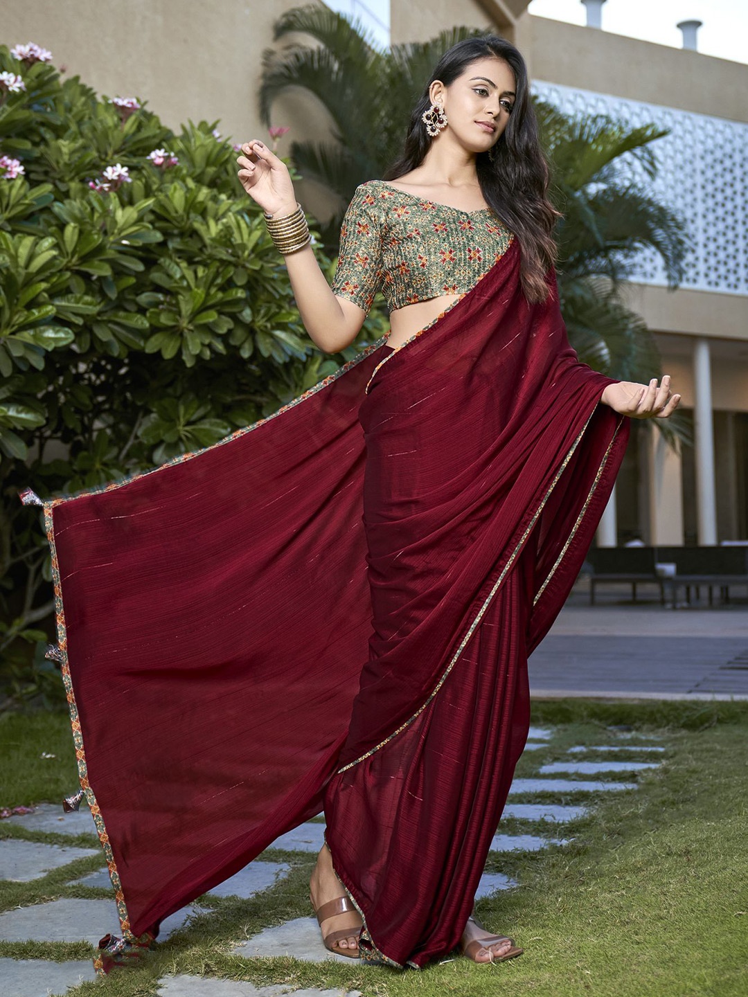 

NIRMAL CREATION Striped Pure Chiffon Saree, Maroon