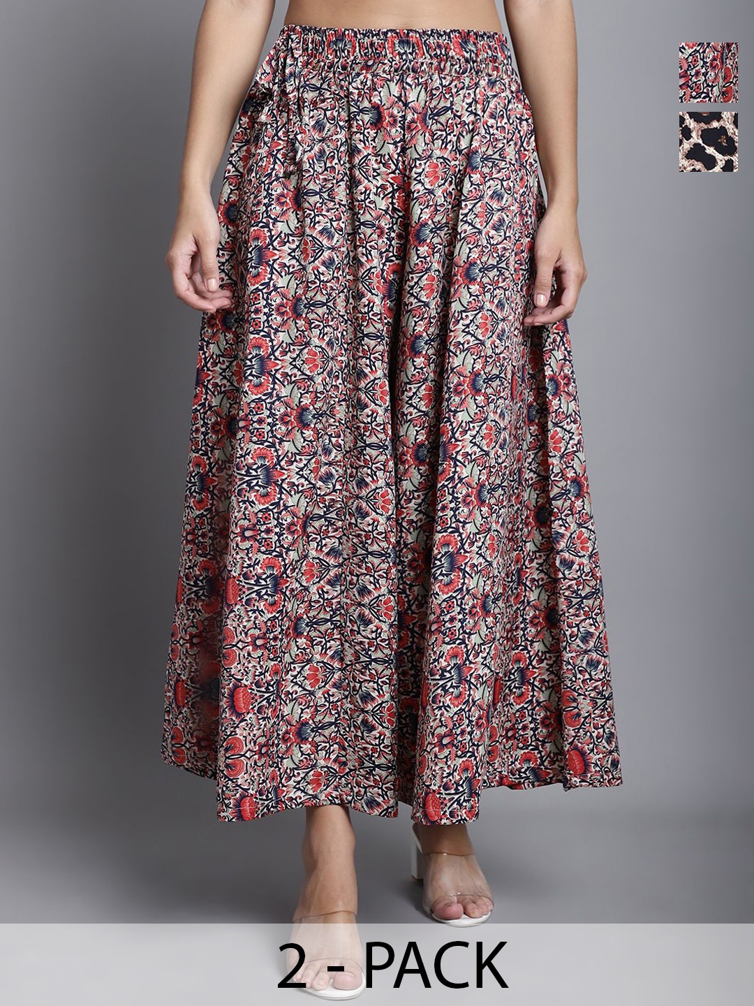 

Valles365 by S.C. Women Pack Of 2 Floral Printed Flared Ethnic Palazzos, Brown