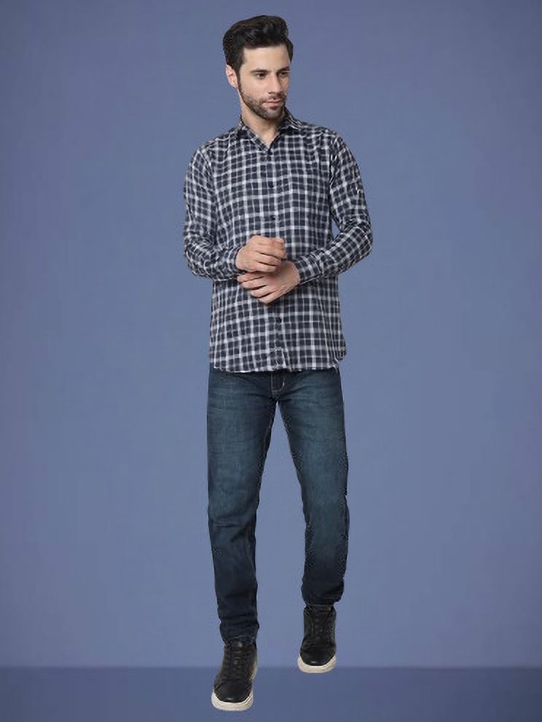 

iCome Men Spread Collar Tartan Checked Cotton Linen Casual Shirt, Blue