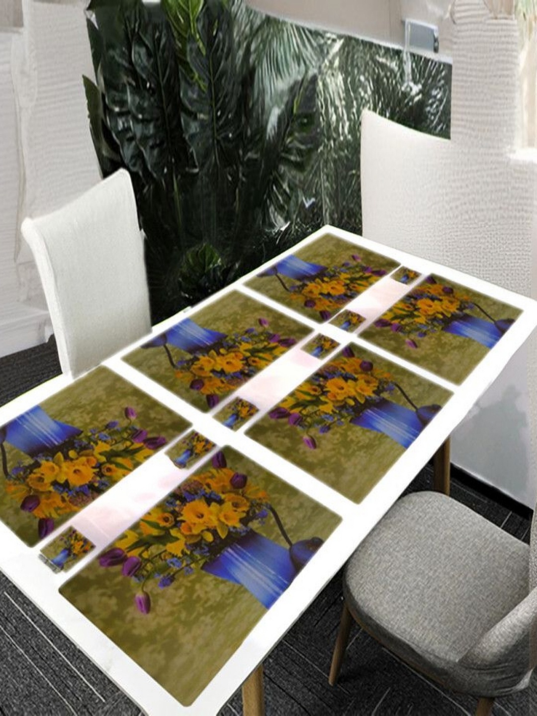 

REVEXO Green & Blue 12 Pieces Floral Printed Rectangular Shaped Coasters & Table Placemats
