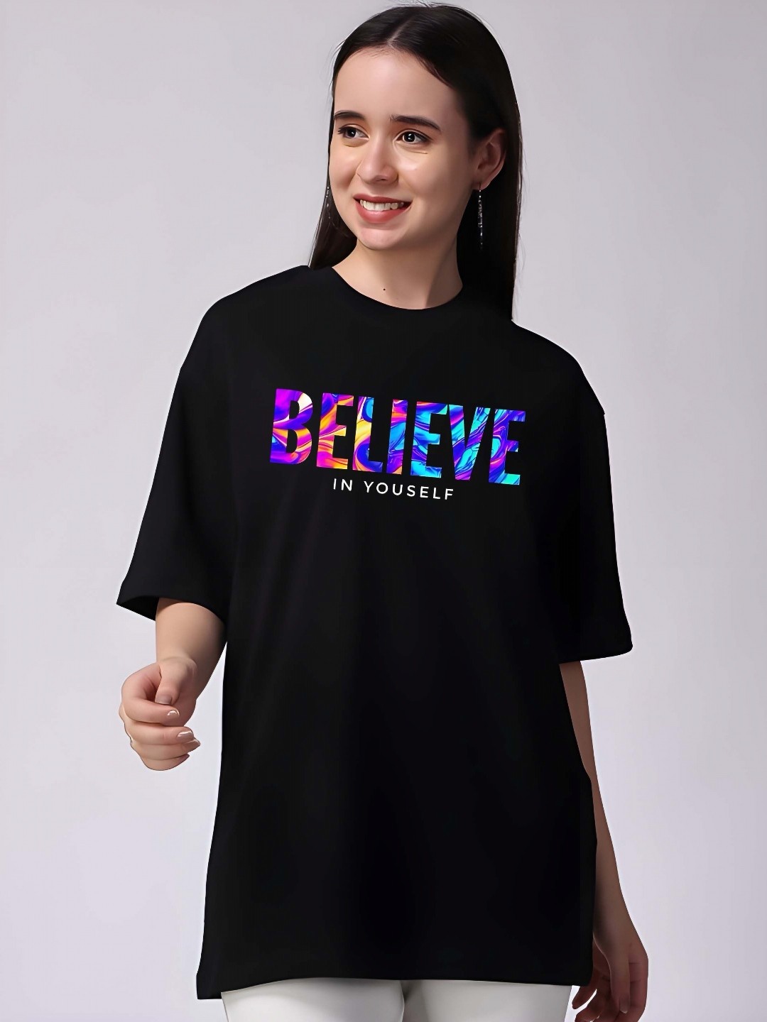 

SZN Women Typography Printed Round Neck Cotton Oversized T-shirt, Black