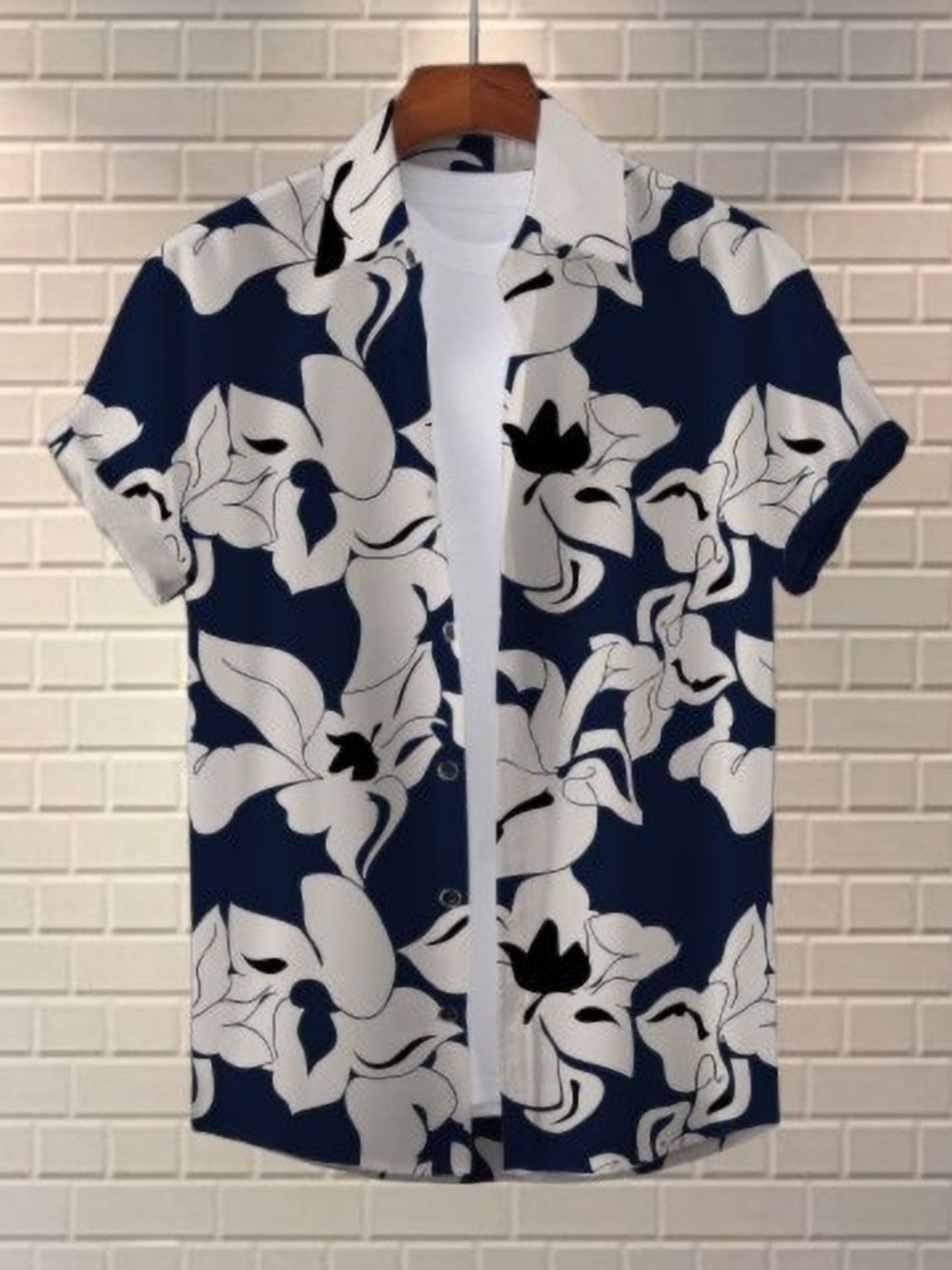 

iCome Men Slim Fit Spread Collar Floral Printed Casual Shirt, Navy blue