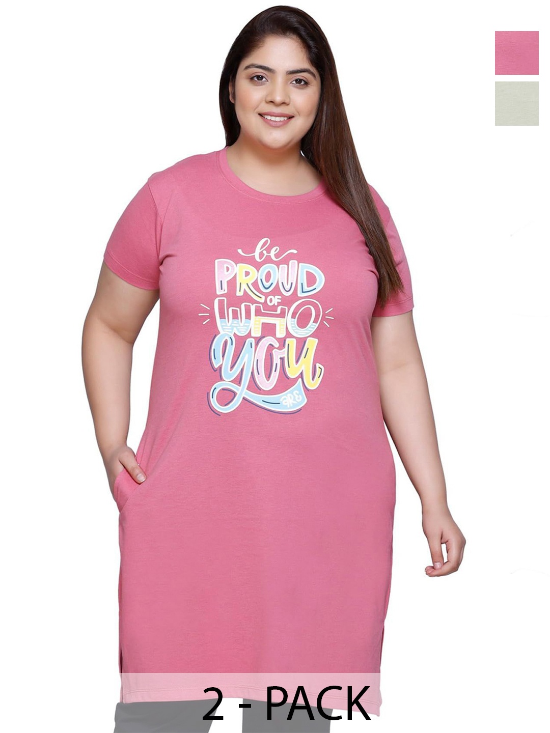 

IN Love Pack of 2 Women Plus Size Front Printed Cotton Nighty Chemise, Green