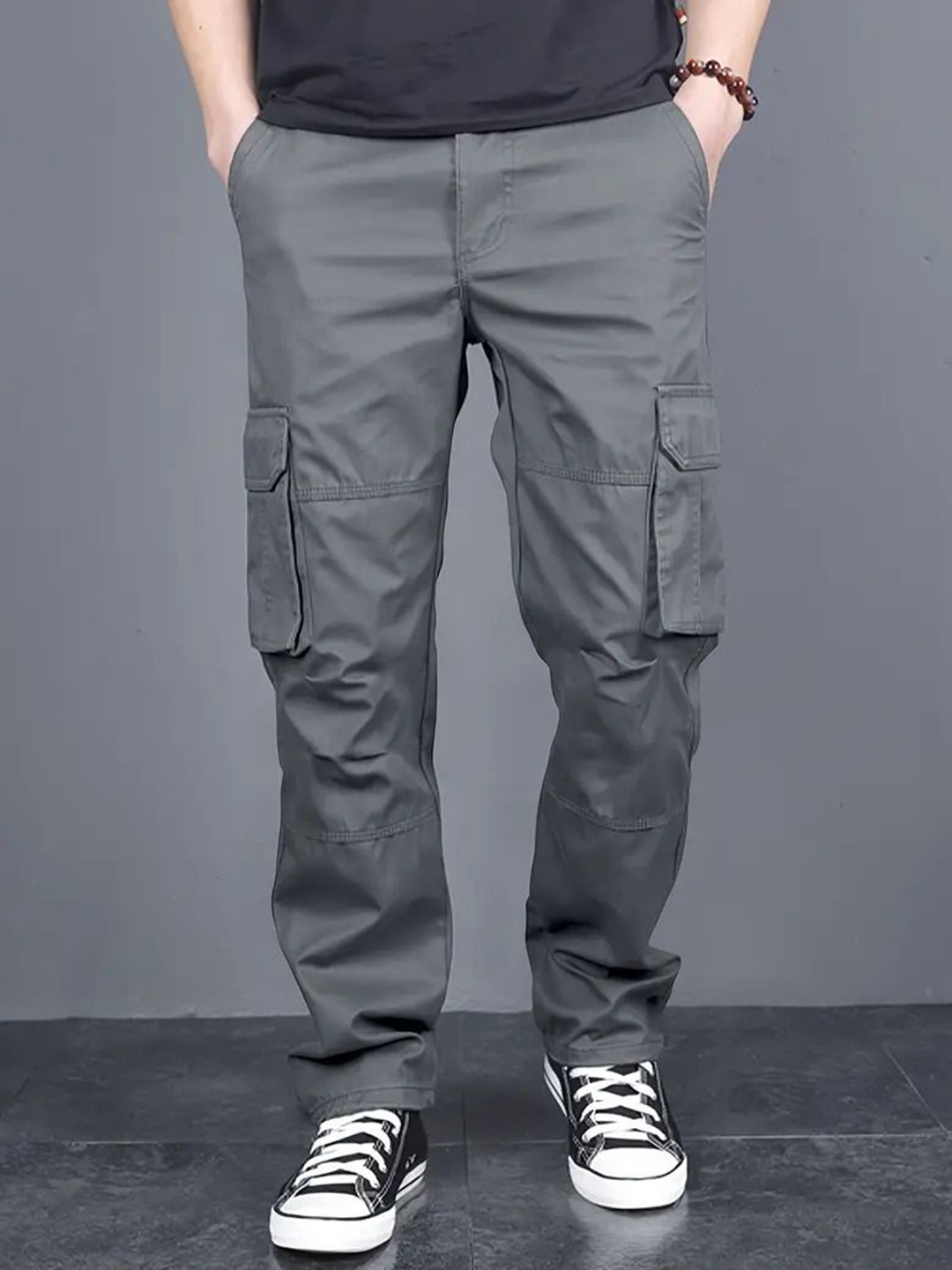 

FABRIPPLE Men Cotton Classic Mid-Rise Loose Fit Cargos Trousers, Grey