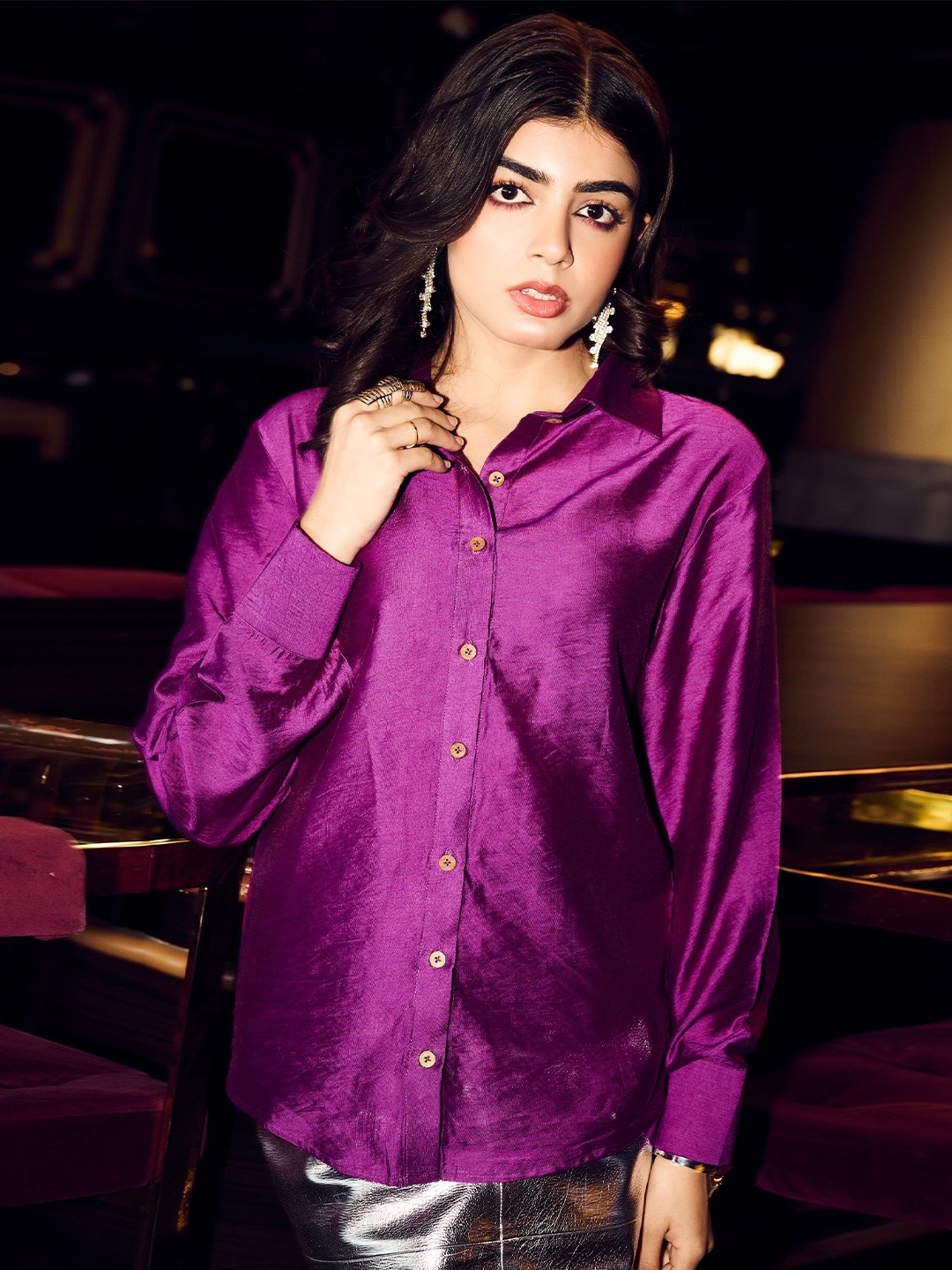 

THE HOUSE OF INDU Women Comfort Fit Spread Collar Solid Cotton Casual Shirt, Purple