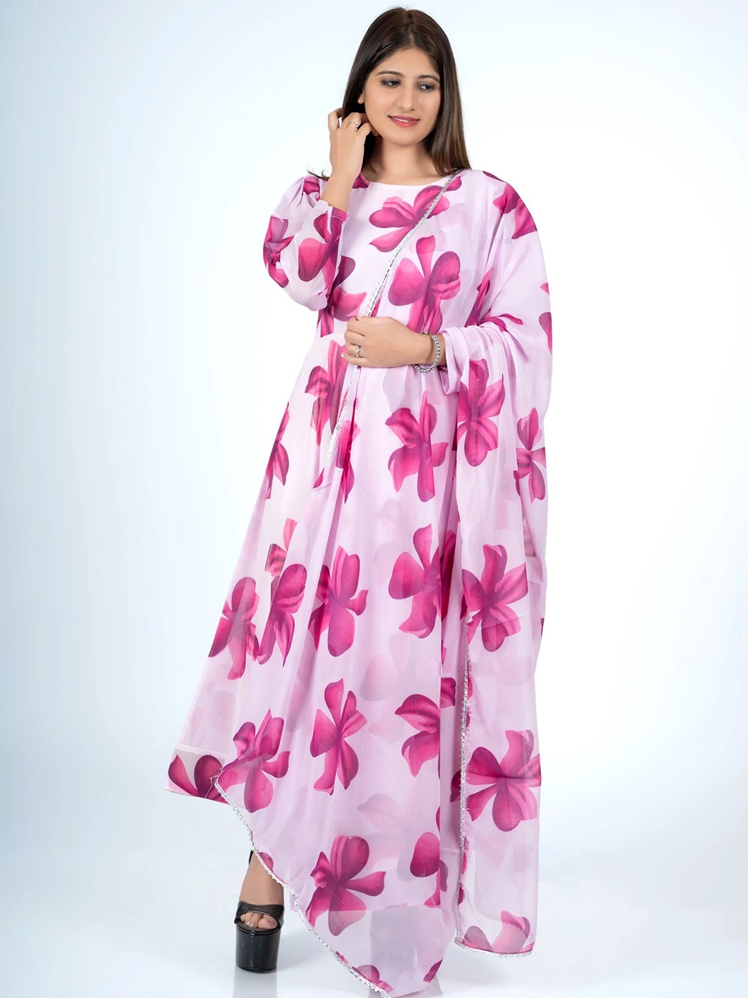 

Jash Creation Floral Printed Round Neck Fit & Flare Maxi Dress With Dupatta, Pink