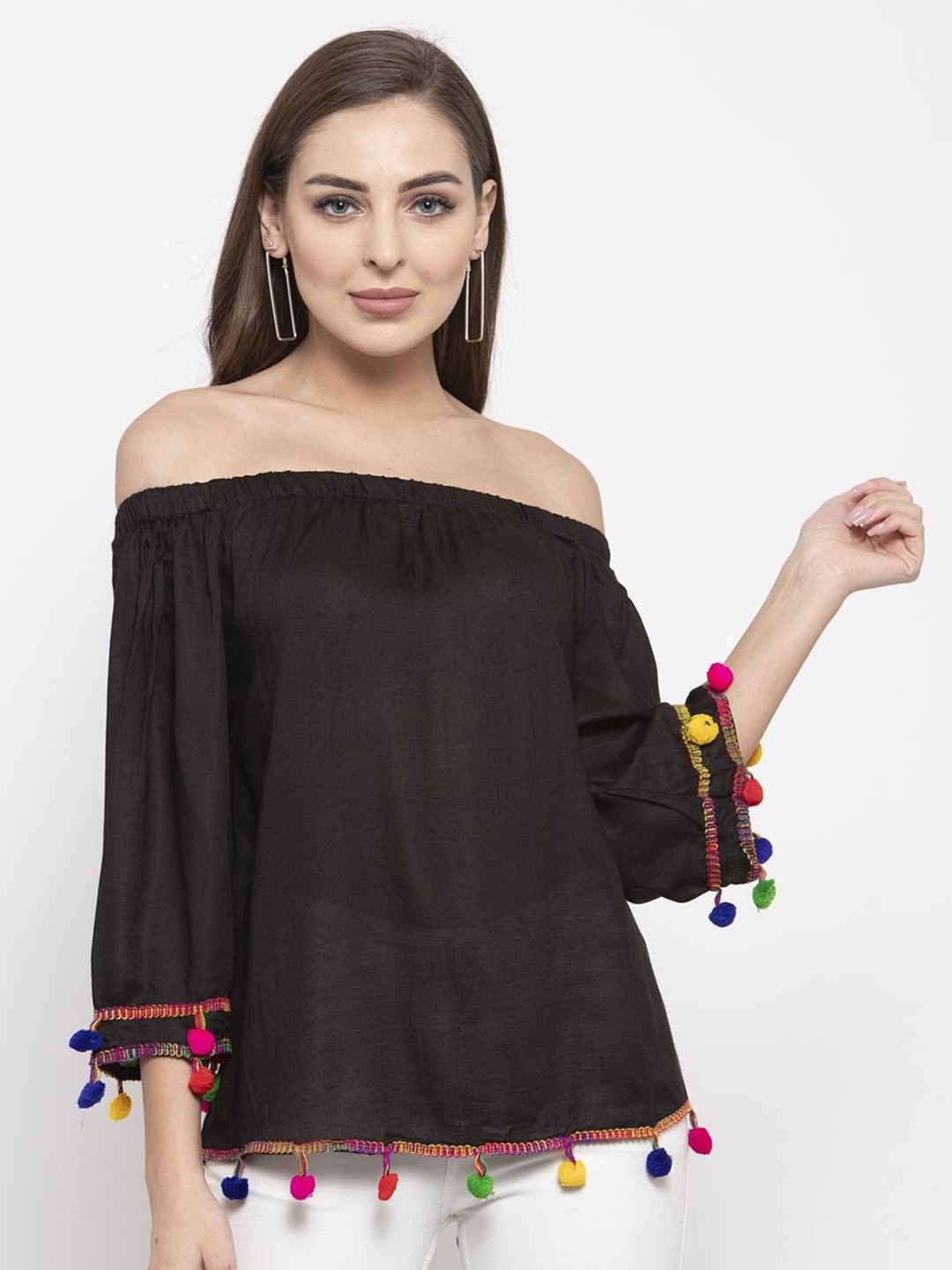 

Moda Rapido Women Off-Shoulder Flared Sleeve Cotton Top, Black