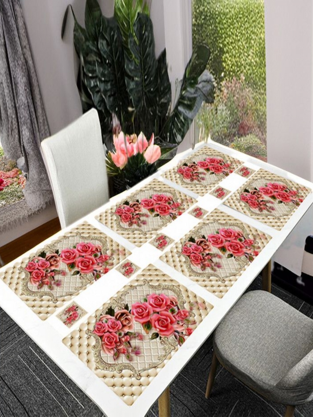 

REVEXO 6Pc Beige & Pink Printed Rectangle Costers & Table Placemats