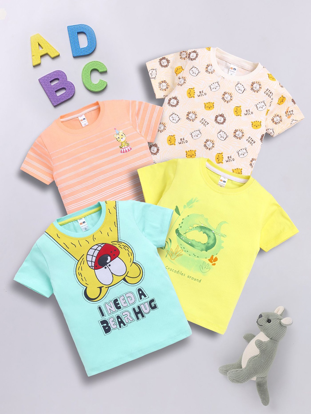 

LITTLE NINJA Boys Pack Of 4 Graphic Printed Round Neck Cotton T-shirts, Green