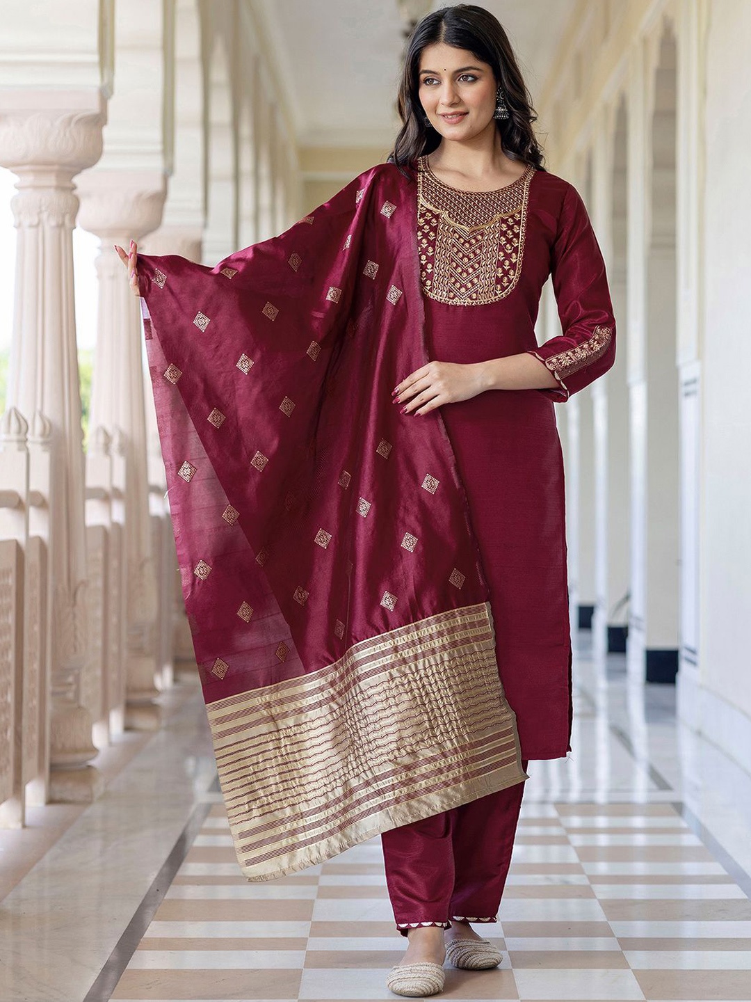 

KALINI Women Ethnic Motifs Embroidered Regular Sequinned Kurta with Trousers & With Dupatta, Maroon